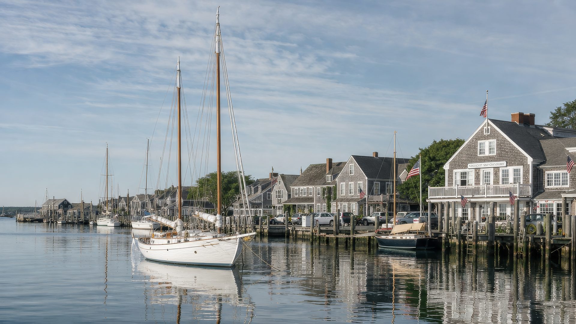 A sunny New England harbor — sailboats moored beside docks and gray-shingled houses under a bright sky