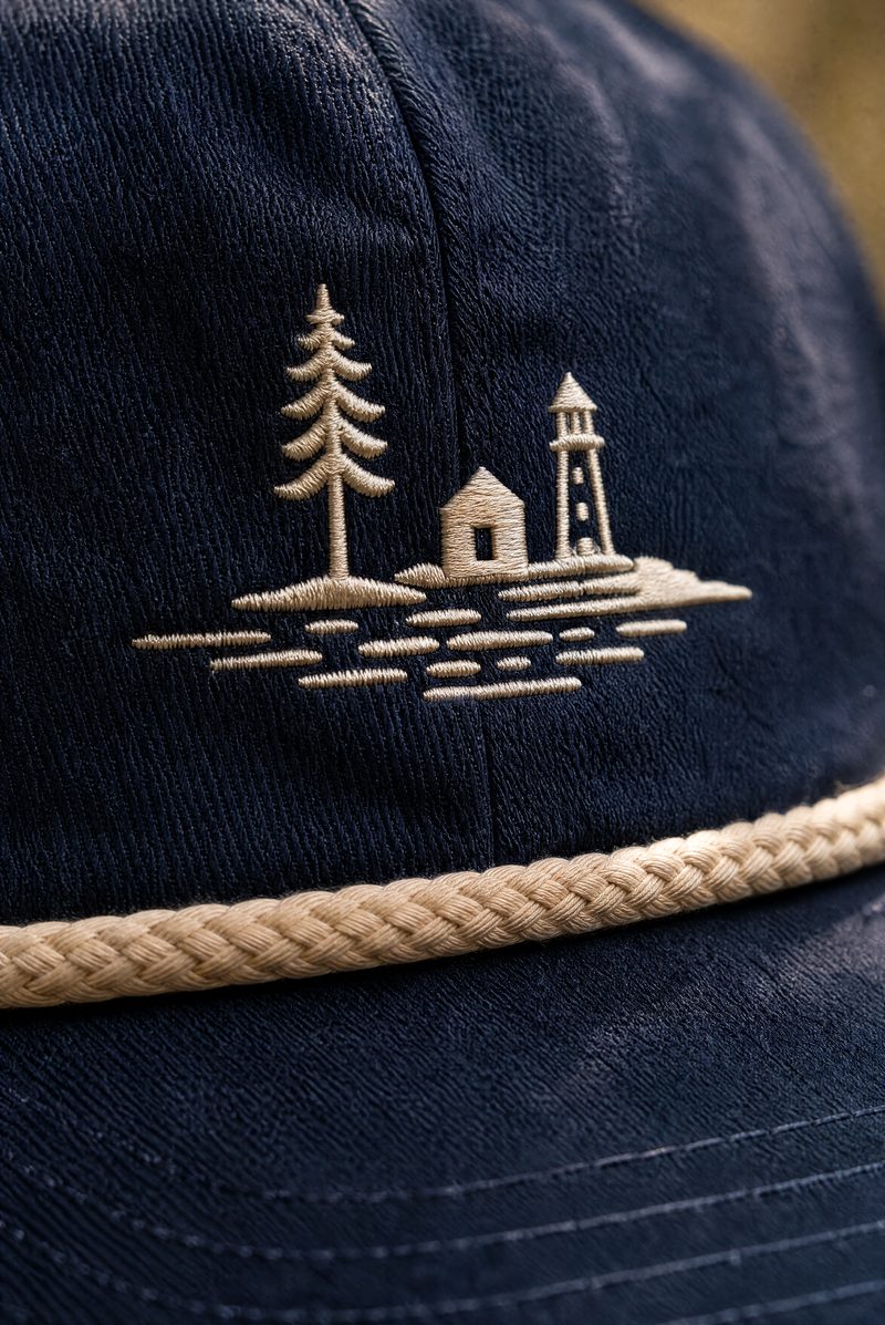 Navy rope cap with the embroidered Salt & Pine lighthouse and pine mark