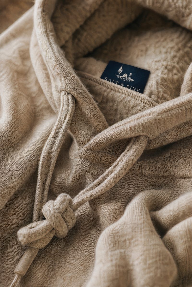 Close-up of a garment-dyed oatmeal fleece hoodie with the Salt & Pine label