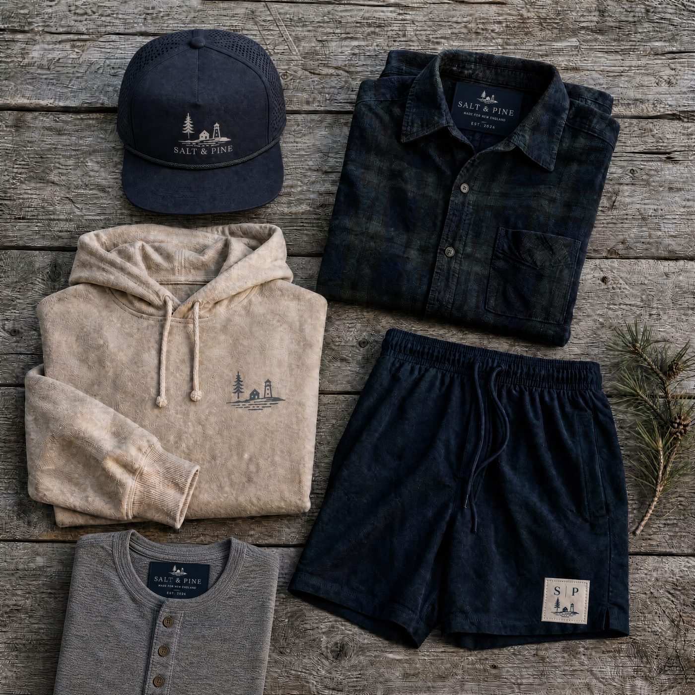 A flat-lay of Salt & Pine apparel on weathered wood — a navy logo cap, plaid flannel, oatmeal hoodie, navy shorts and a henley tee